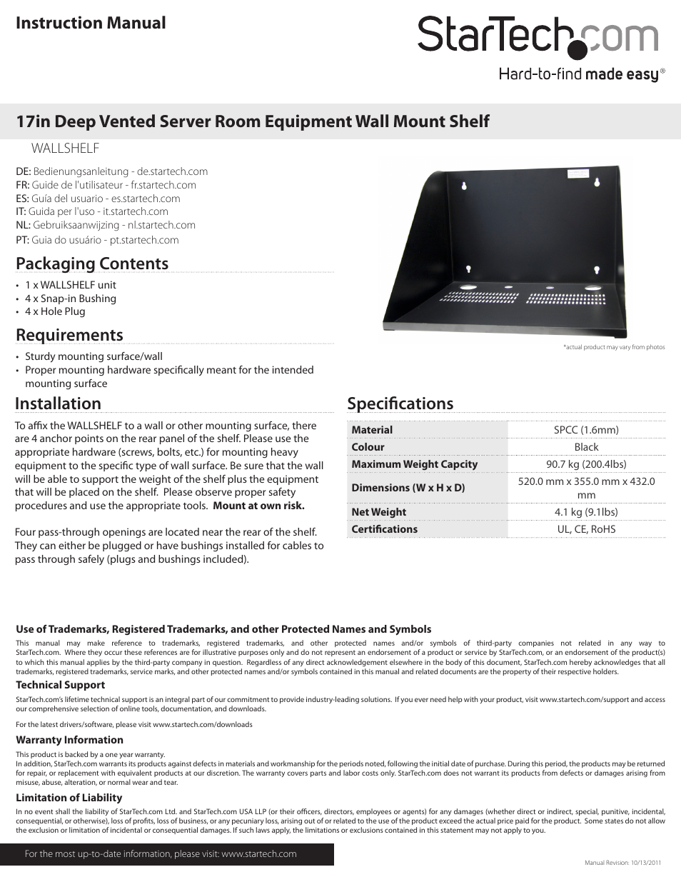 StarTech.com WALLSHELF User Manual | 2 pages