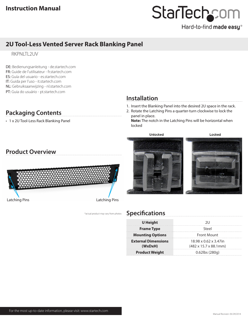 StarTech.com RKPNLTL2UV User Manual | 2 pages