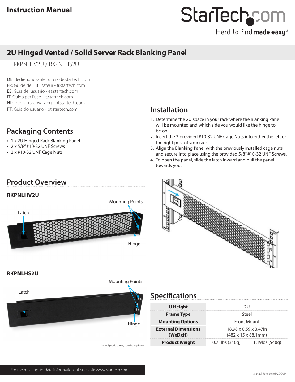 StarTech.com RKPNLHS2U User Manual | 2 pages