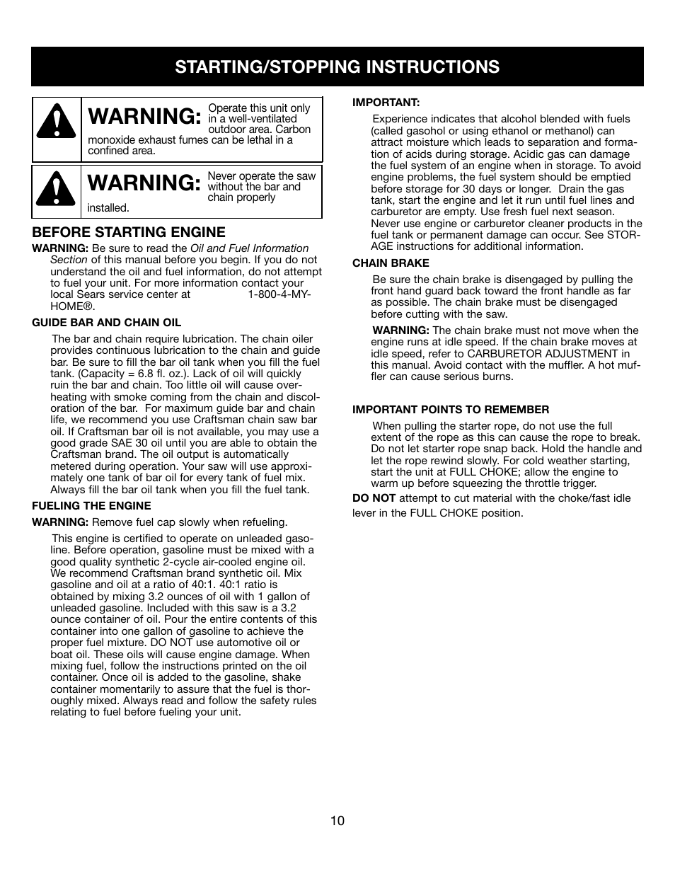 Warning, Starting/stopping instructions | Craftsman 9096-31B202 316350840 User Manual | Page 10 / 27