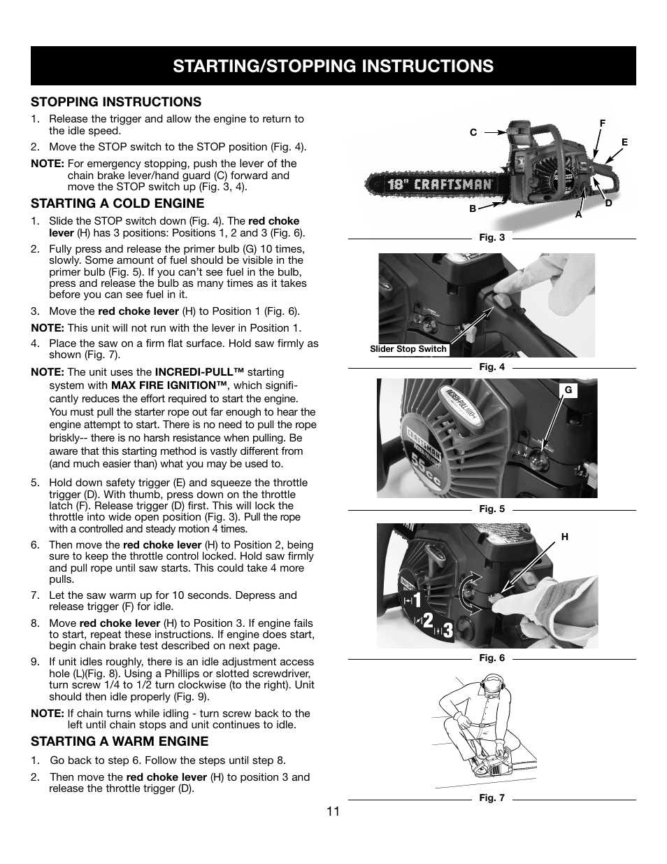 Starting/stopping instructions | Craftsman 9096-31B202 316350840 User Manual | Page 11 / 27