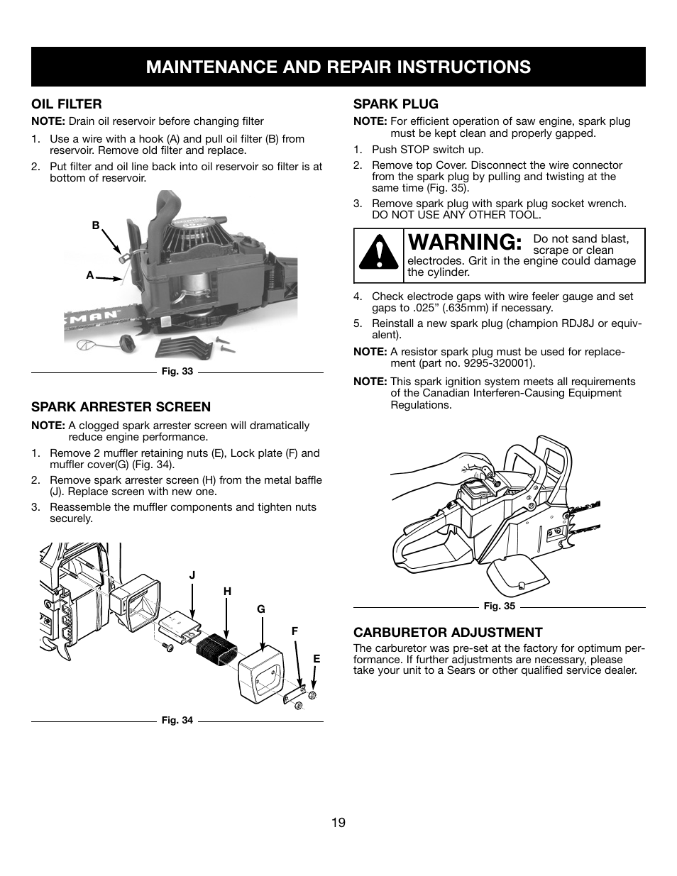 Warning, Maintenance and repair instructions | Craftsman 9096-31B202 316350840 User Manual | Page 19 / 27