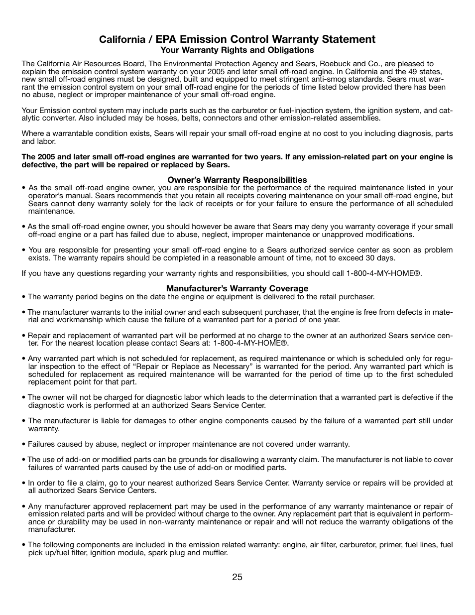 Epa emission control warranty statement, California | Craftsman 9096-31B202 316350840 User Manual | Page 25 / 27