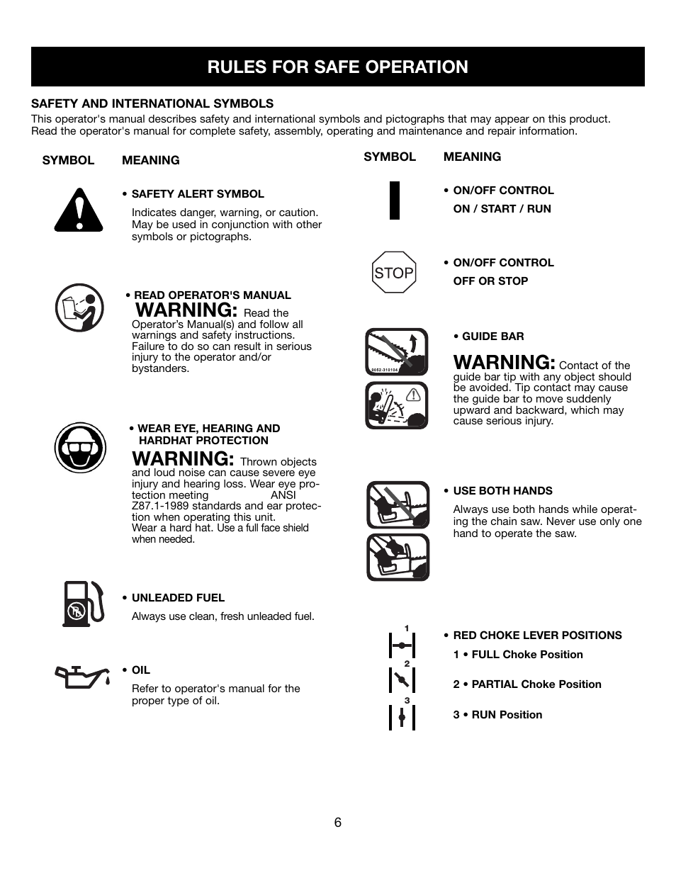 Warning, Rules for safe operation | Craftsman 9096-31B202 316350840 User Manual | Page 6 / 27