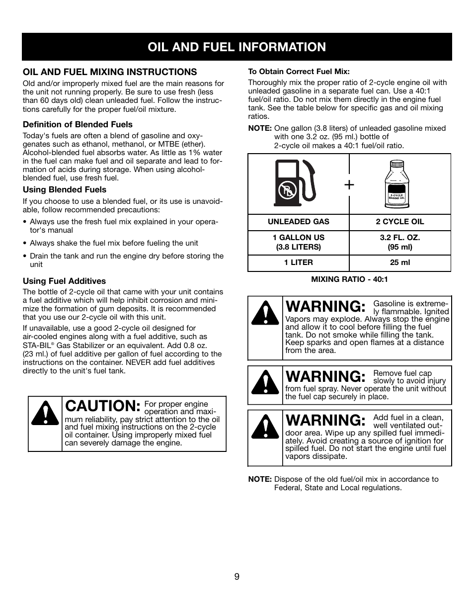 Warning, Caution, Oil and fuel information | Craftsman 9096-31B202 316350840 User Manual | Page 9 / 27