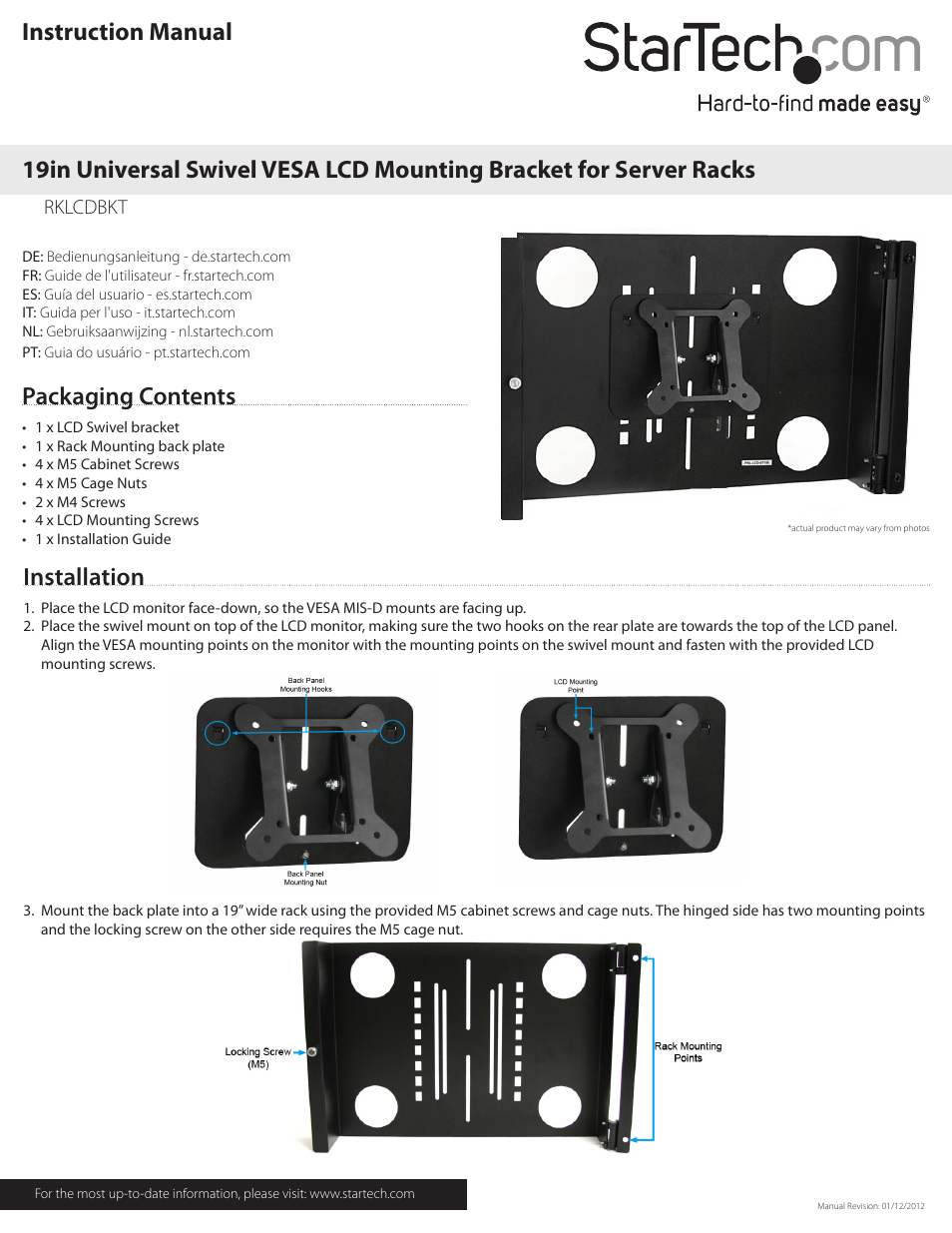 StarTech.com RKLCDBKT User Manual | 2 pages