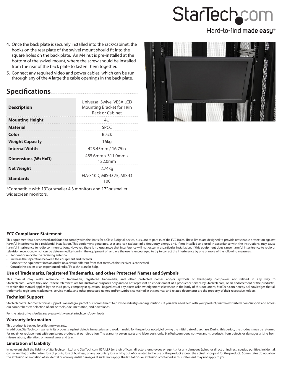 Specifications | StarTech.com RKLCDBKT User Manual | Page 2 / 2