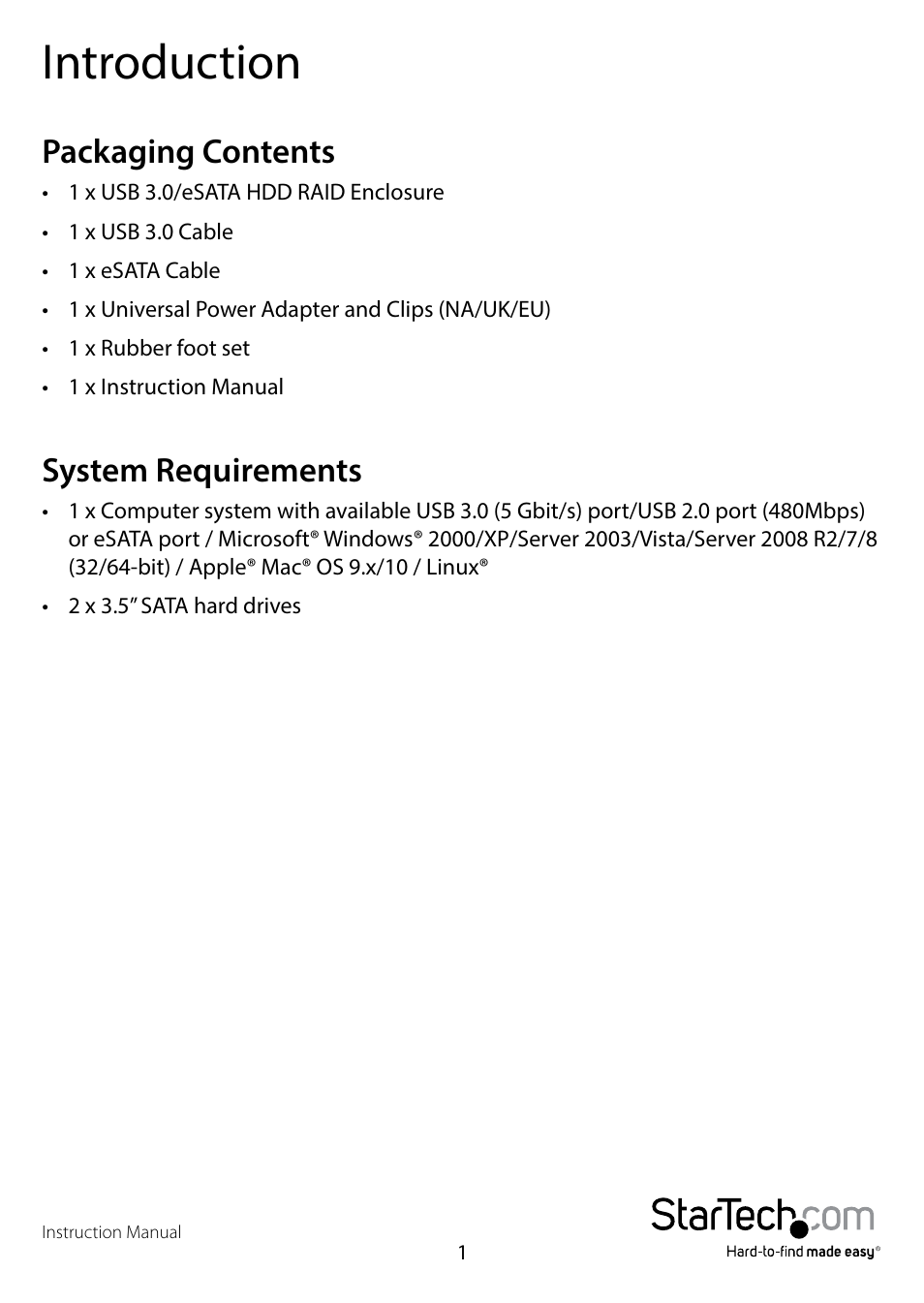 Introduction, Packaging contents, System requirements | Packaging contents system requirements | StarTech.com S3520WU33ER User Manual | Page 4 / 13