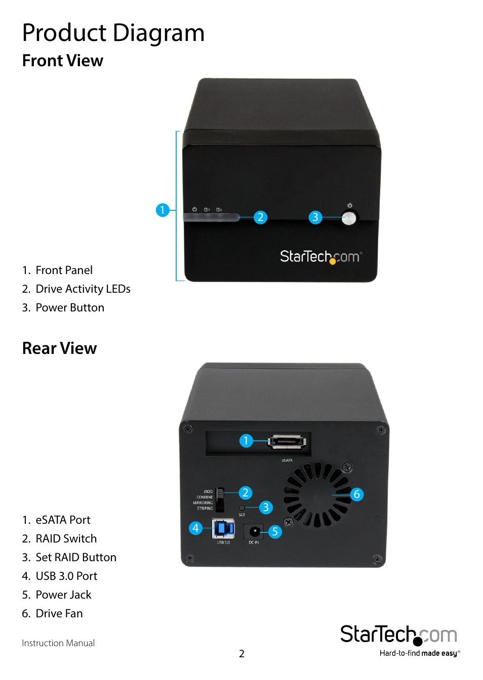 Product diagram, Front view, Rear view | Front view rear view | StarTech.com S3520WU33ER User Manual | Page 5 / 13