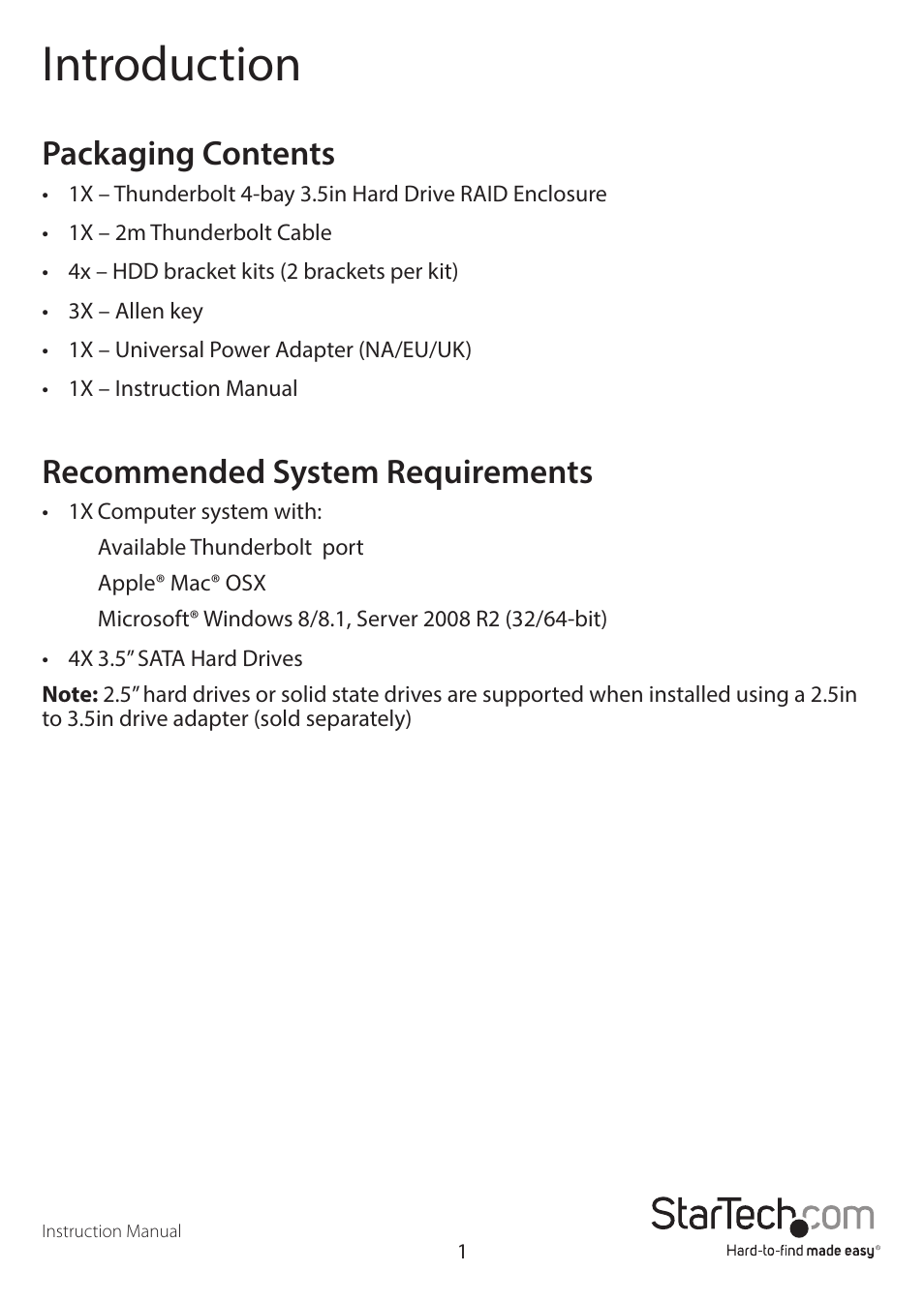 Introduction, Packaging contents, Recommended system requirements | StarTech.com S354SMTB2R User Manual | Page 4 / 26