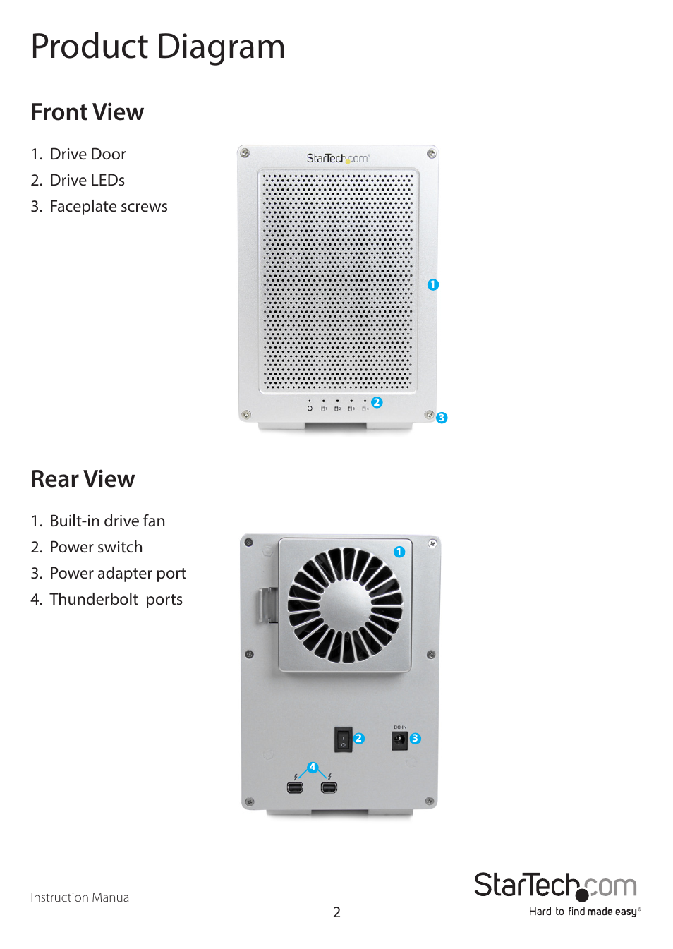 Product diagram, Front view rear view | StarTech.com S354SMTB2R User Manual | Page 5 / 26