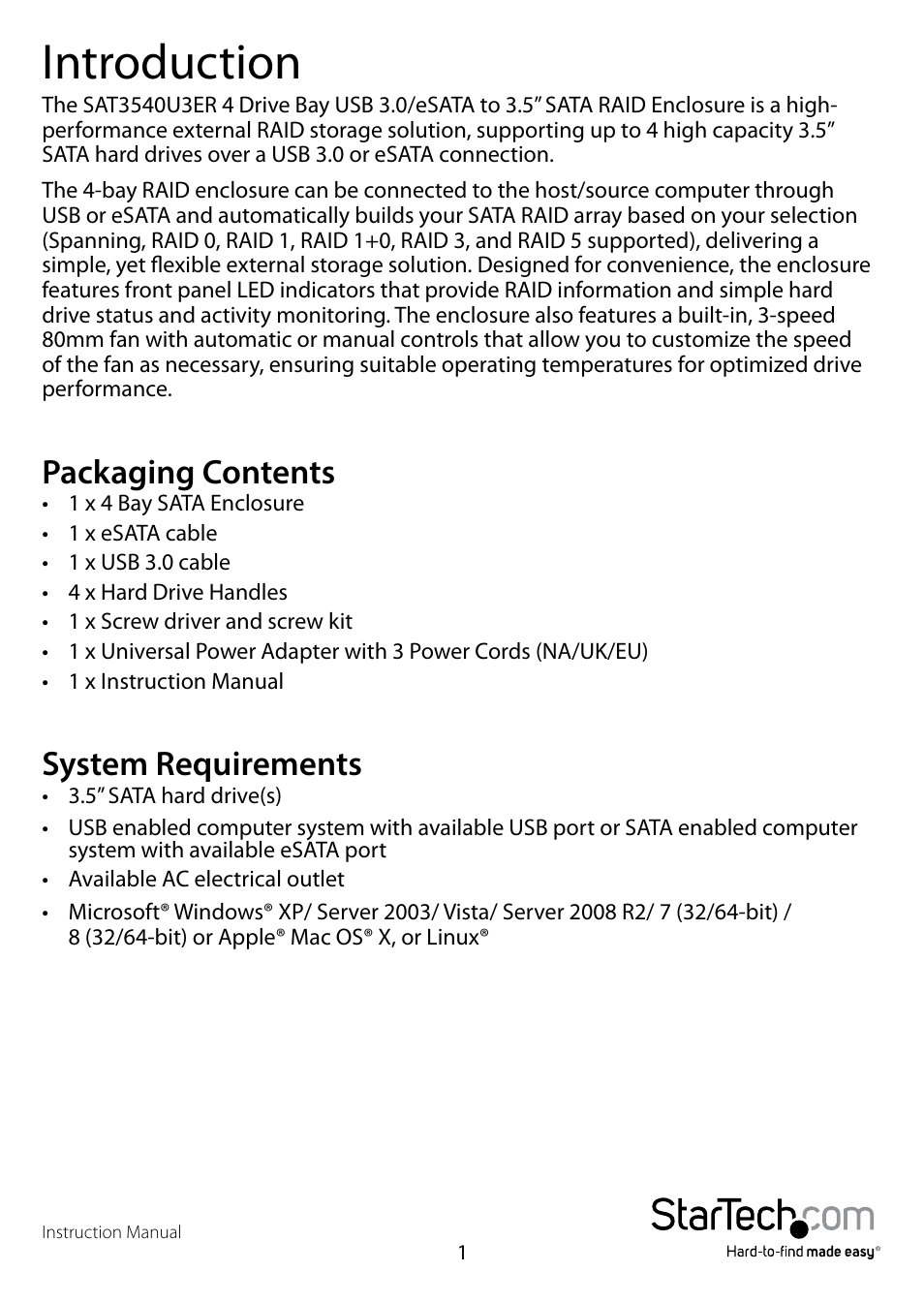 Introduction, Packaging contents, System requirements | Packaging contents system requirements | StarTech.com SAT3540U3ER User Manual | Page 4 / 13