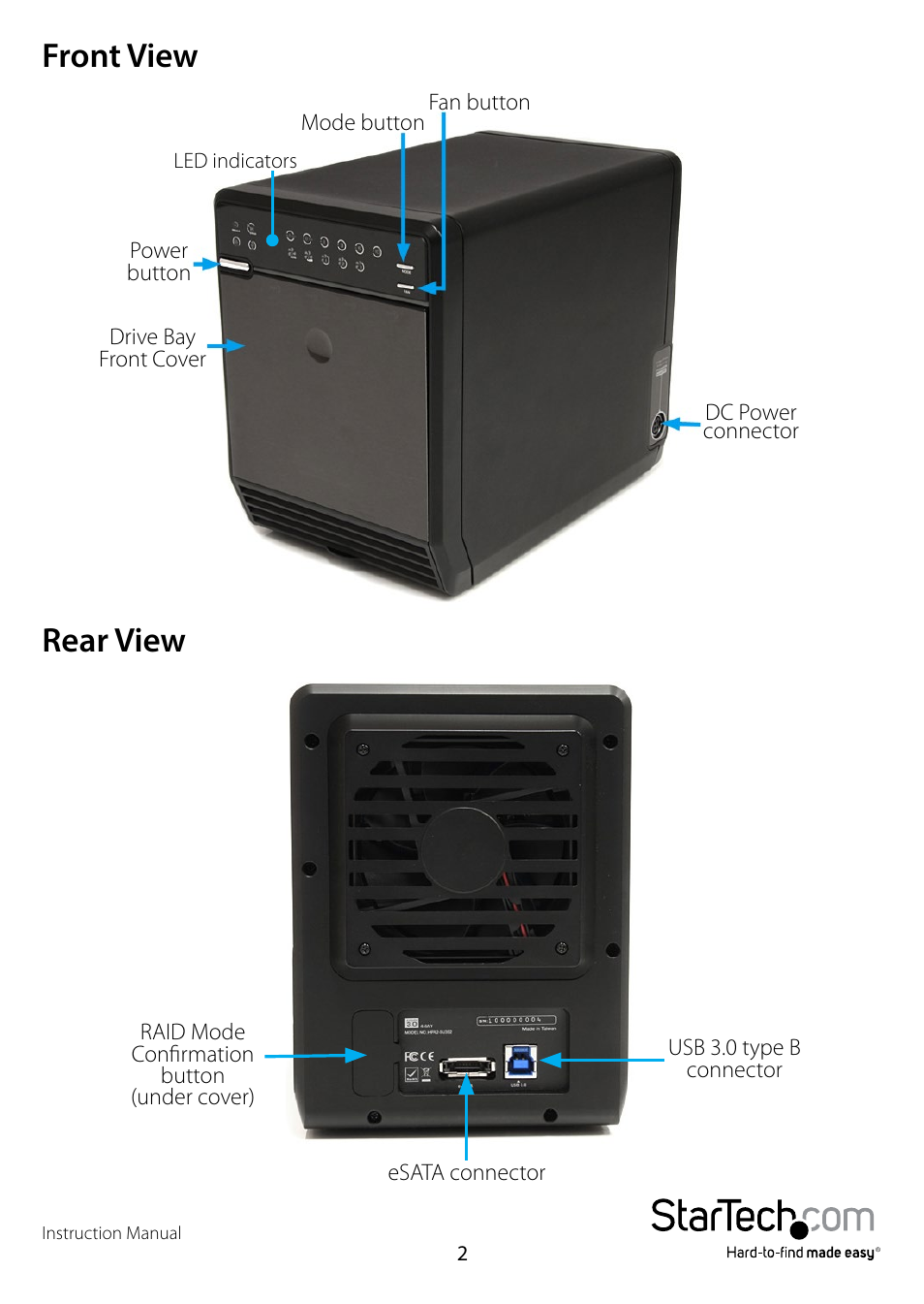 Front view, Rear view, Front view rear view | StarTech.com SAT3540U3ER User Manual | Page 5 / 13