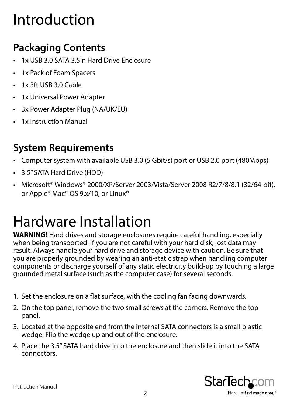 Introduction, Packaging contents, System requirements | Hardware installation, Packaging contents system requirements | StarTech.com S3510BMU33B User Manual | Page 5 / 11