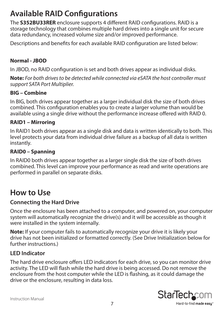 Available raid configurations, How to use | StarTech.com S352BU33RER Manual User Manual | Page 10 / 14
