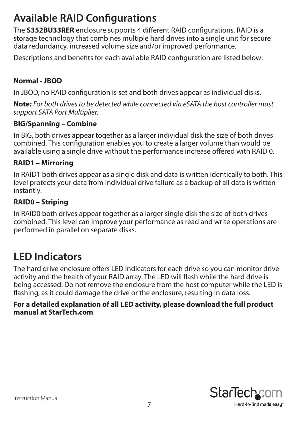 Available raid configurations, Led indicators | StarTech.com S352BU33RER Quick Start User Manual | Page 10 / 12