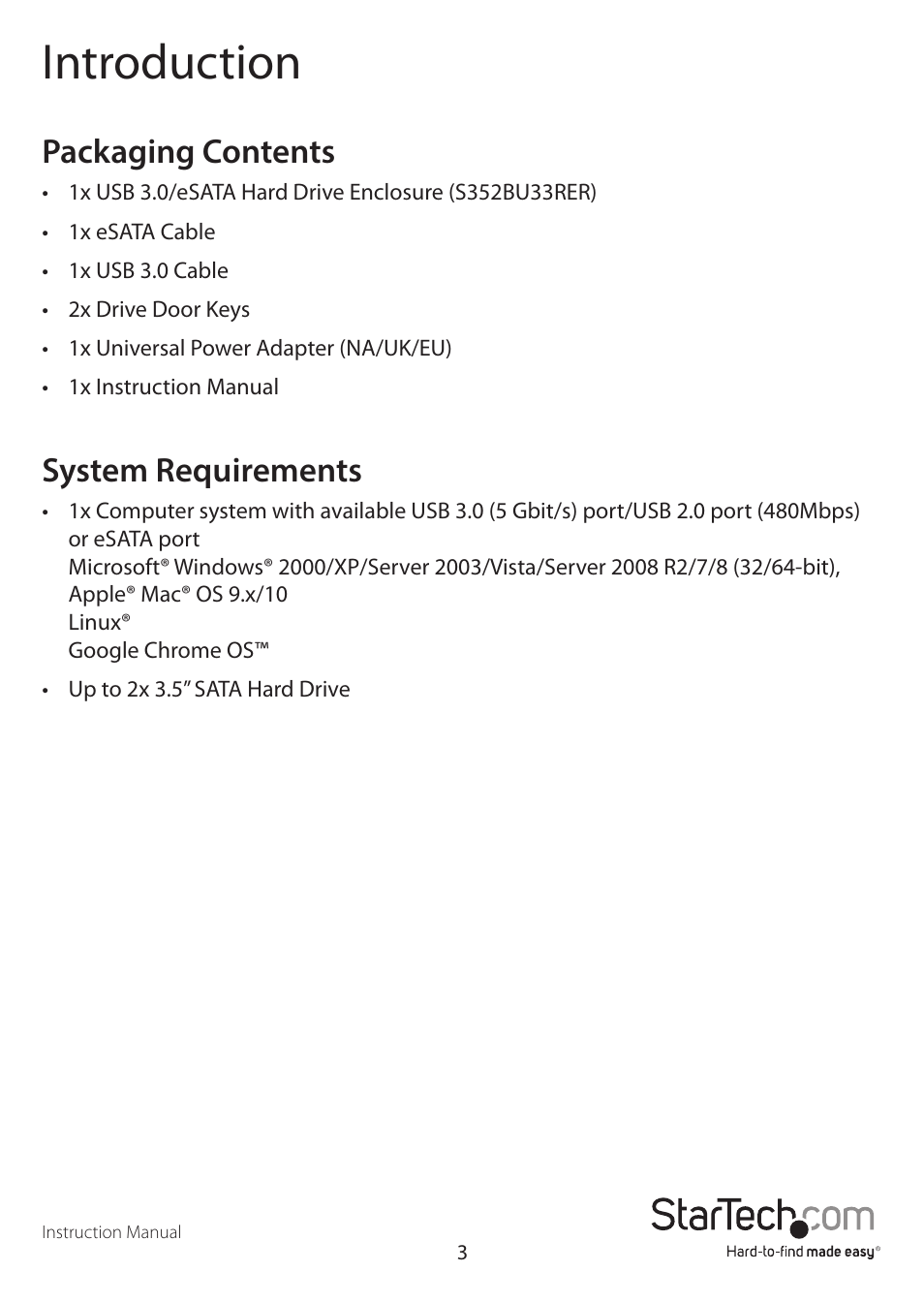 Introduction, Packaging contents, System requirements | StarTech.com S352BU33RER Quick Start User Manual | Page 6 / 12