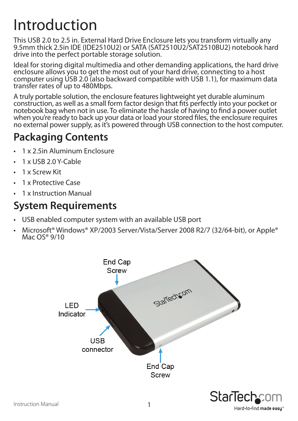 Introduction, Packaging contents, System requirements | StarTech.com SAT2510BU2 User Manual | Page 4 / 10