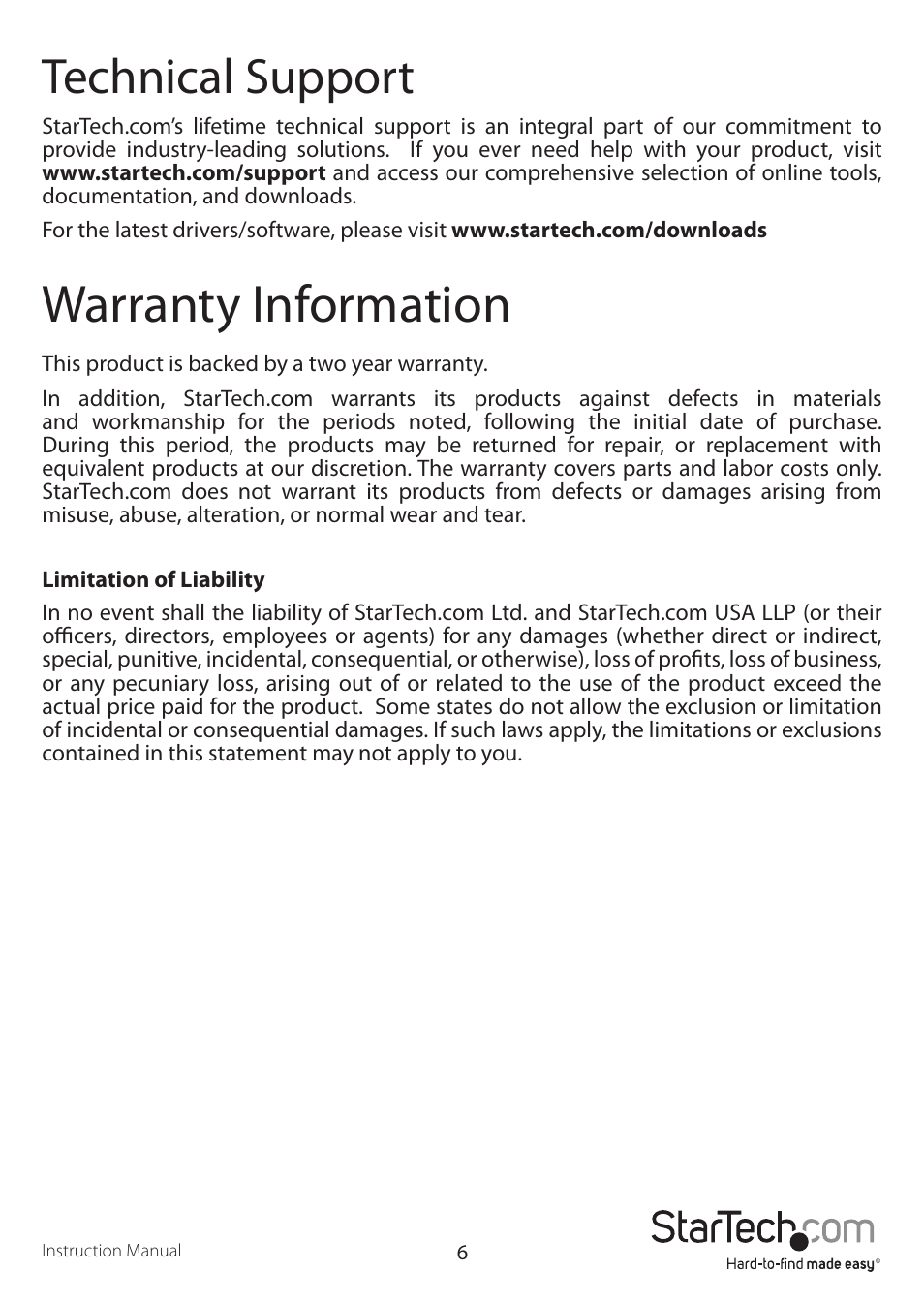 Warranty information, Technical support | StarTech.com SAT2510BU2 User Manual | Page 9 / 10