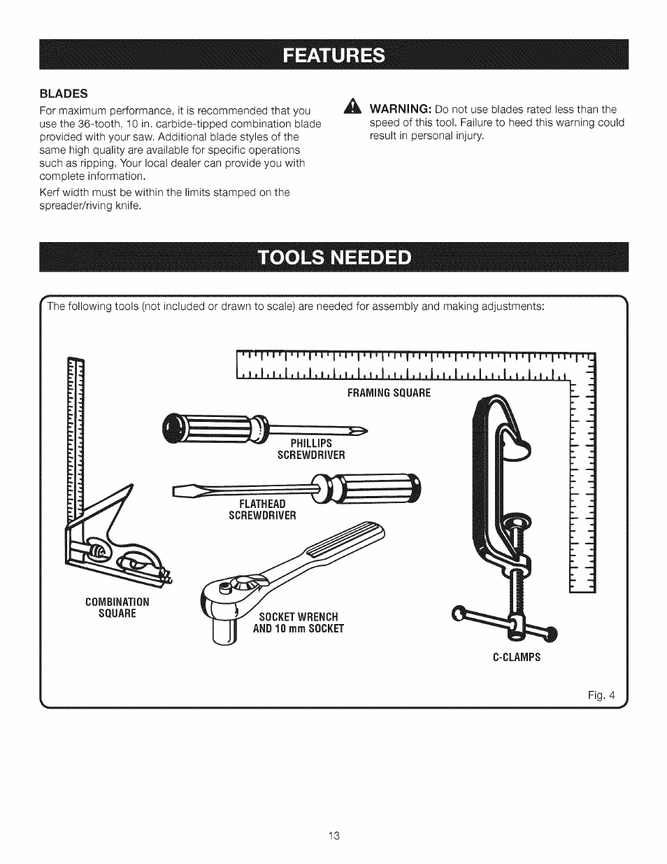 Features, Blades, Tools needed | Combination, Square, Framing square, Phillips, Screwdriver | Craftsman 315.284620 User Manual | Page 13 / 52