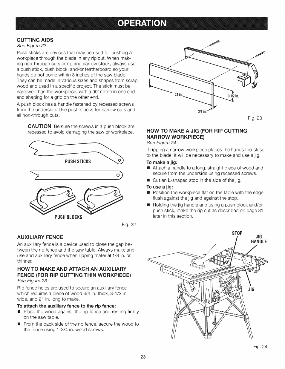 Auxiliary fence, How to make a jig (for rip cutting, Narrow workpiece) | Operation | Craftsman 315.284620 User Manual | Page 23 / 52