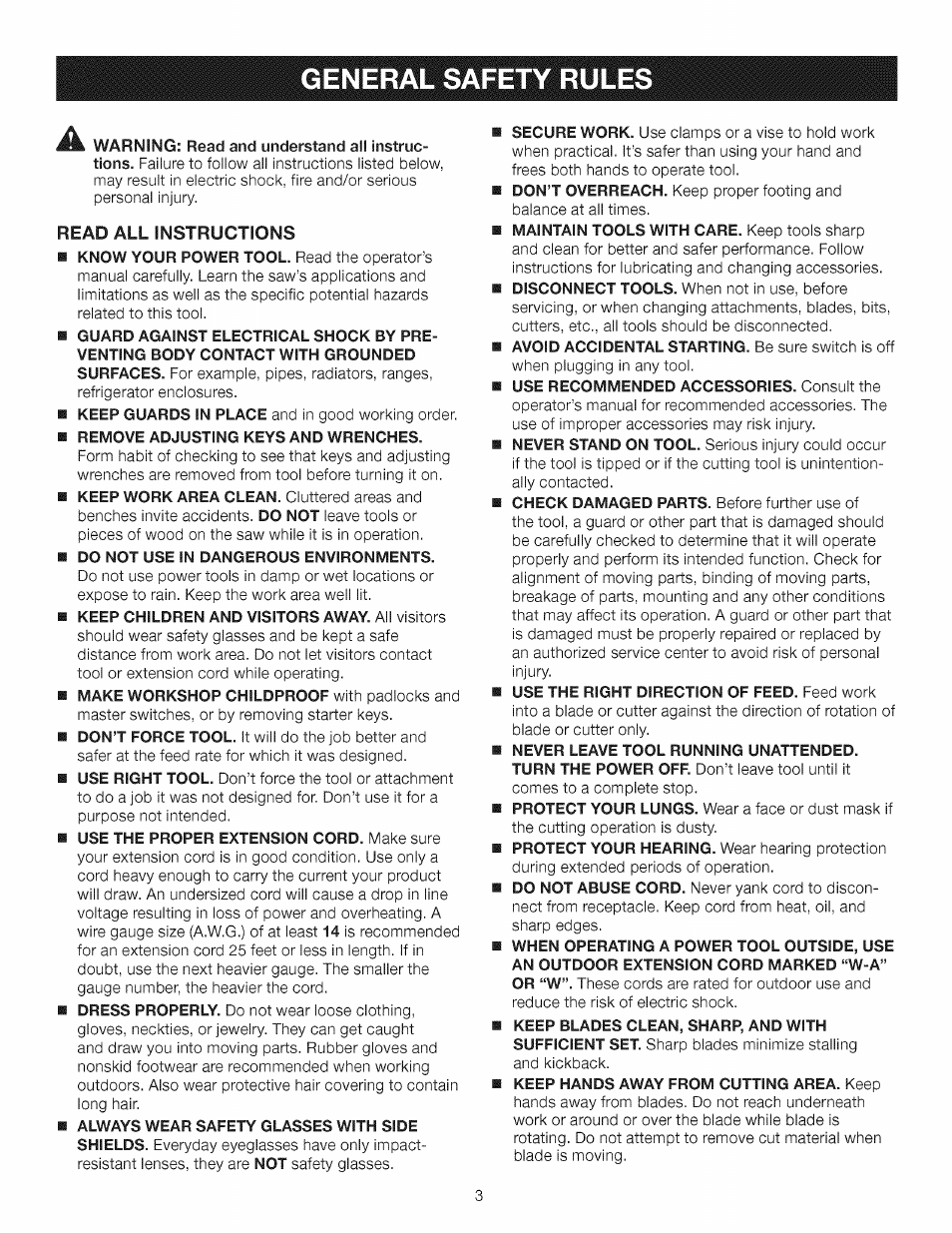 Remove adjusting keys and wrenches, Do not use in dangerous environments, General safety rules | Craftsman 315.284620 User Manual | Page 3 / 52