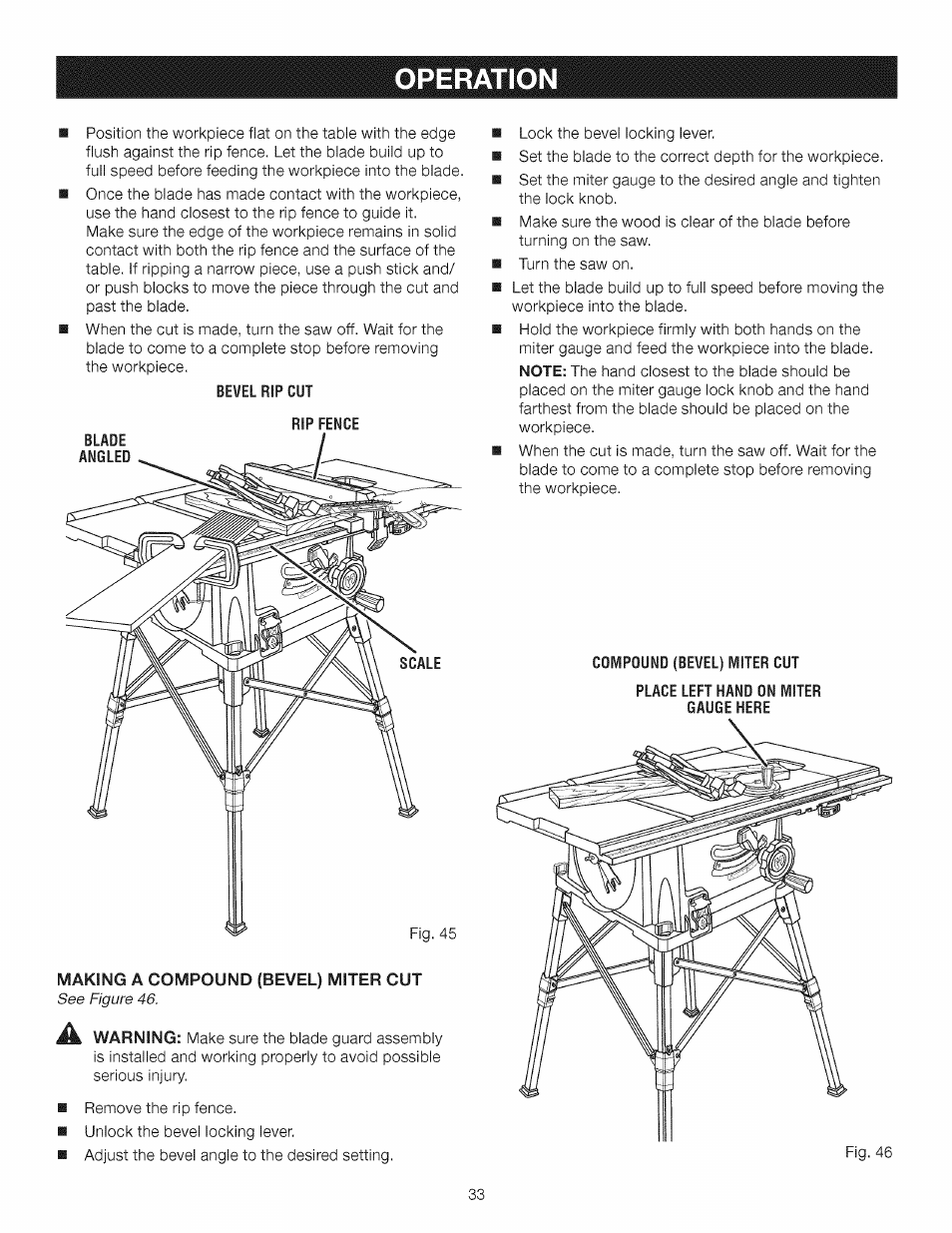 Compound (bevel) miter cut, Operation | Craftsman 315.284620 User Manual | Page 33 / 52