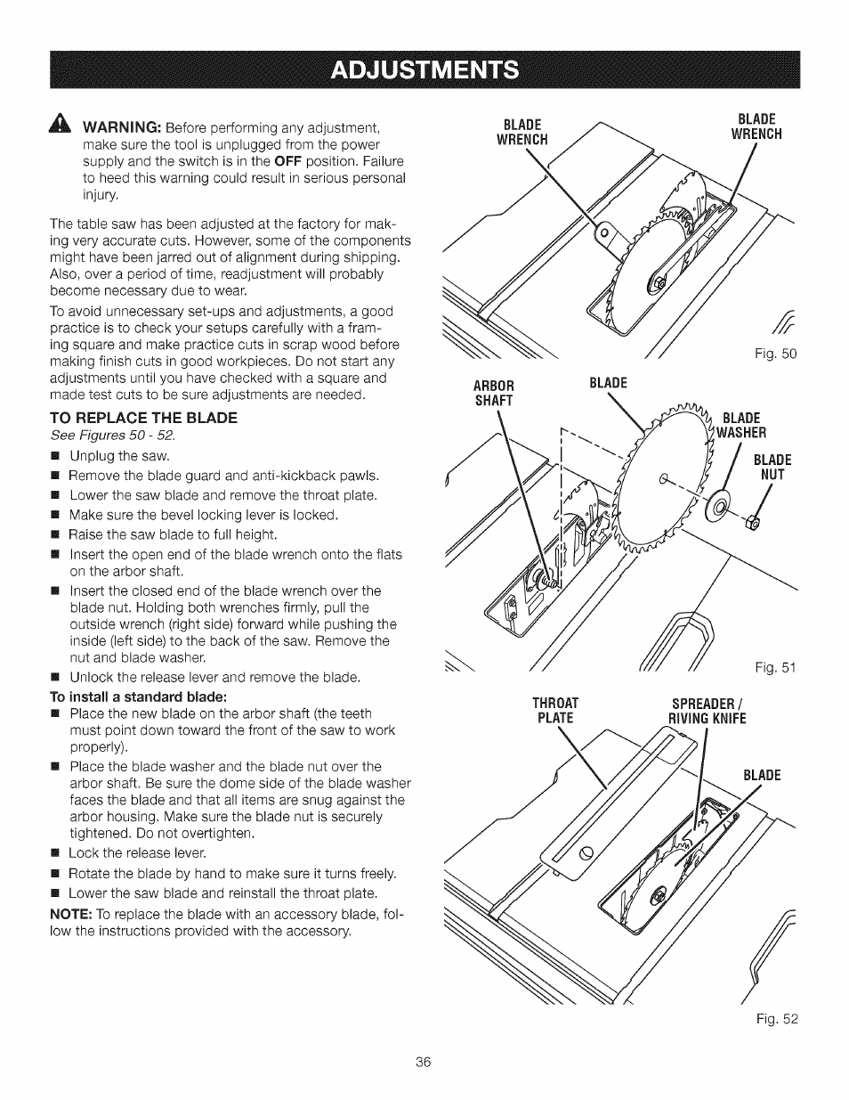 To replace the blade, Adjustment | Craftsman 315.284620 User Manual | Page 36 / 52