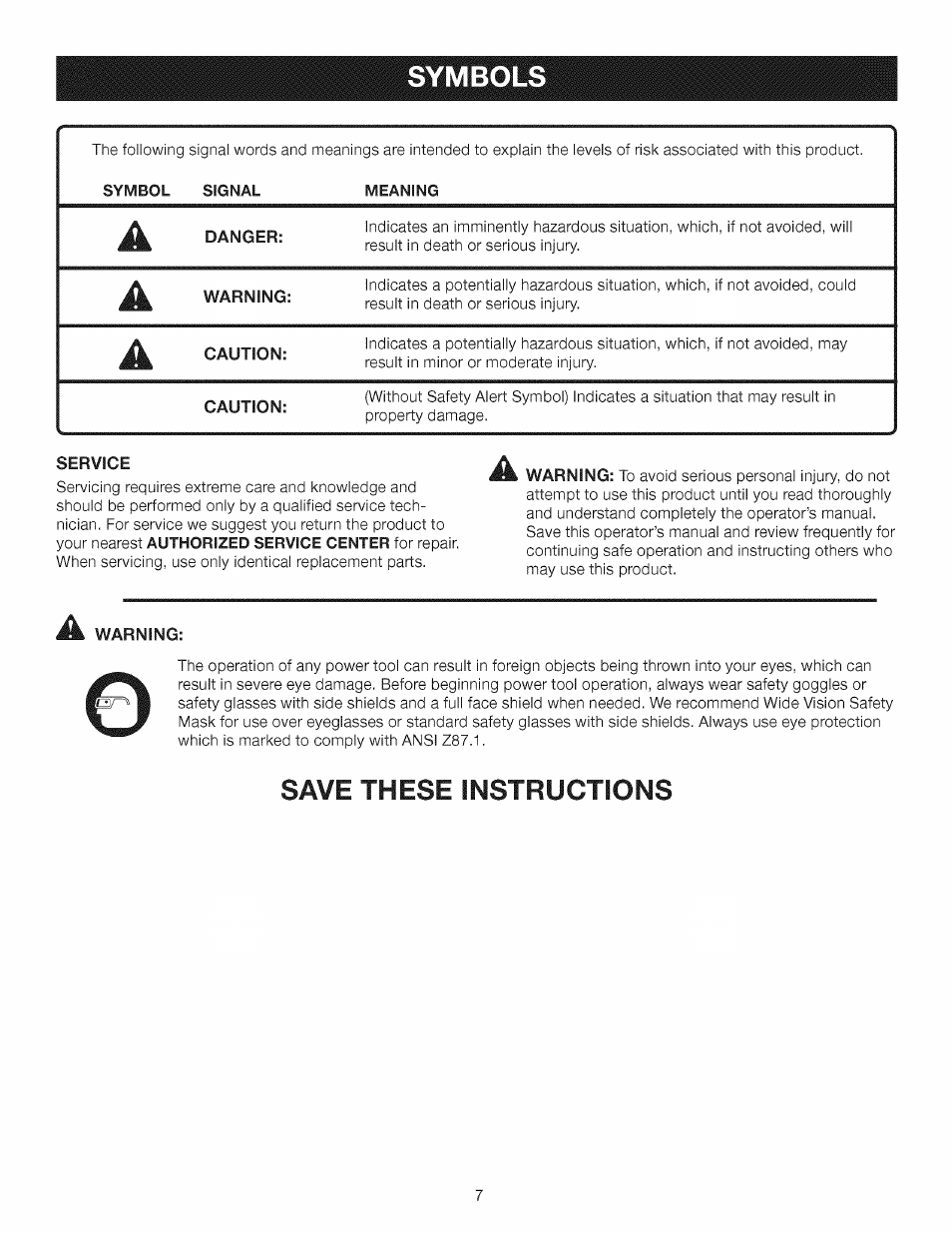 Symbols, Save these instructions | Craftsman 315.284620 User Manual | Page 7 / 52