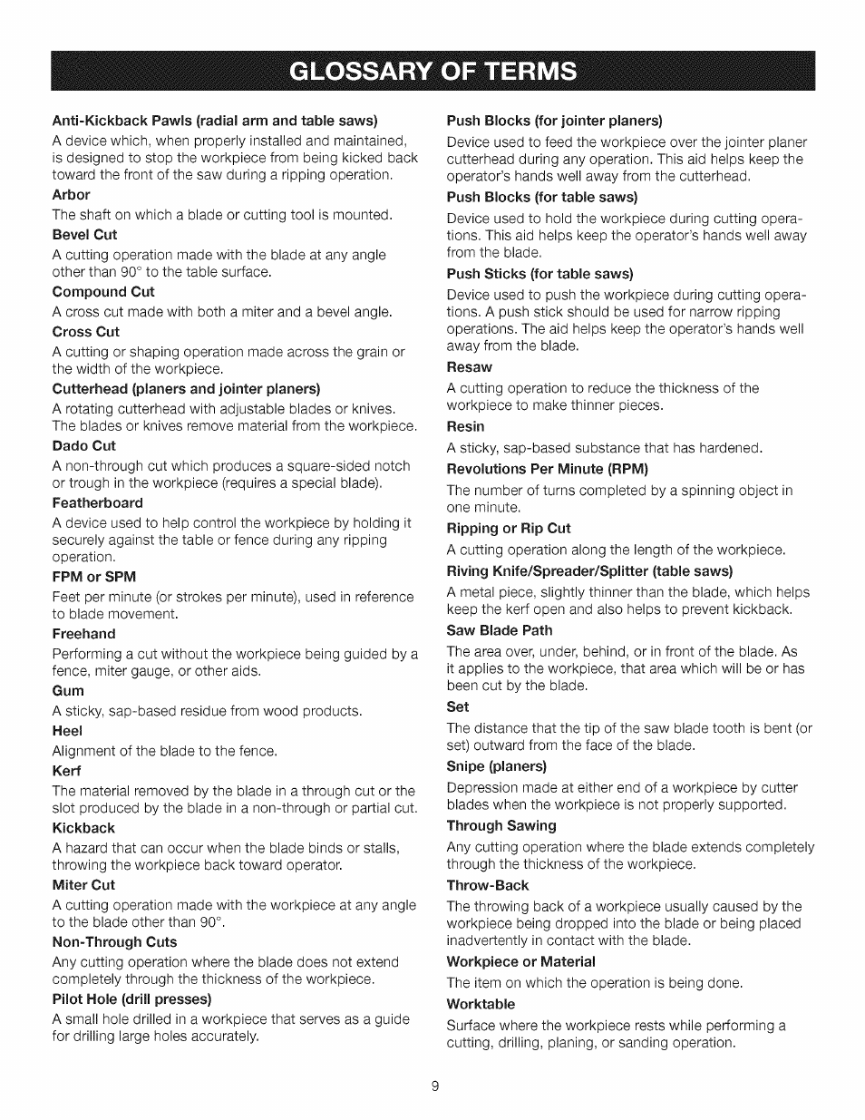 Glossary of term | Craftsman 315.284620 User Manual | Page 9 / 52
