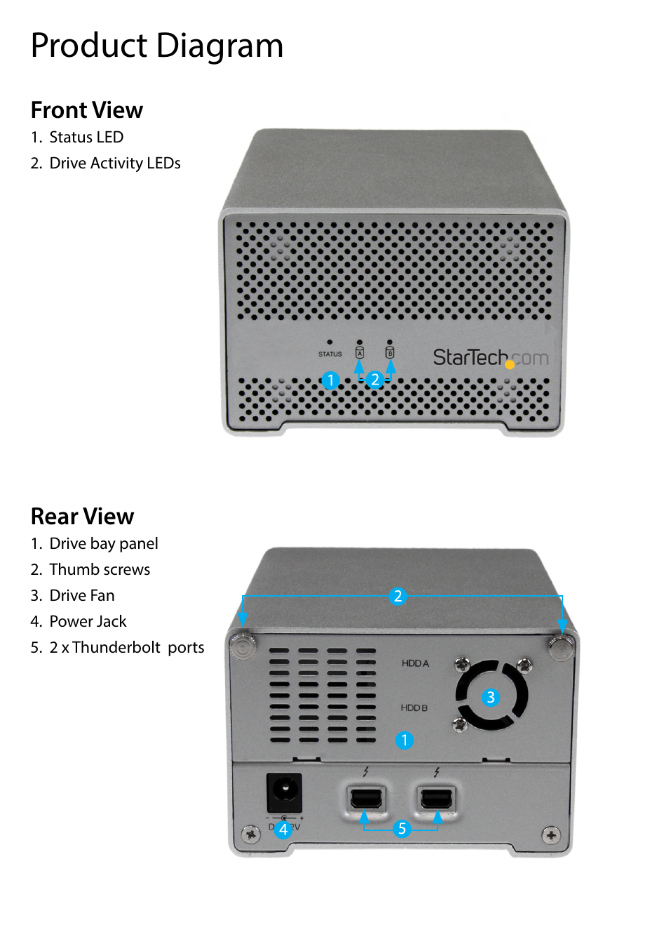 Product diagram, Front view, Rear view | Front view rear view | StarTech.com S252SMTB3 User Manual | Page 4 / 12