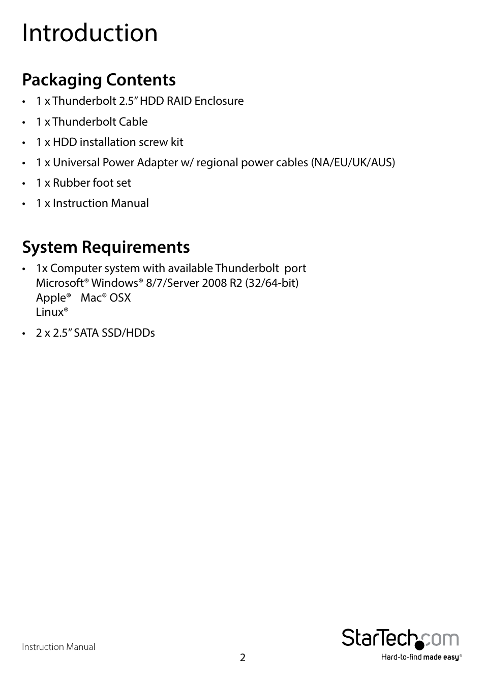 Introduction, Packaging contents, System requirements | Packaging contents system requirements | StarTech.com S252SMTB3 User Manual | Page 5 / 12