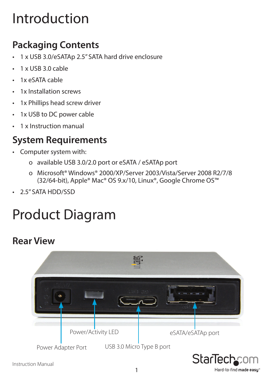 Introduction, Product diagram, Packaging contents | System requirements, Rear view | StarTech.com S251SMU33EP User Manual | Page 4 / 12