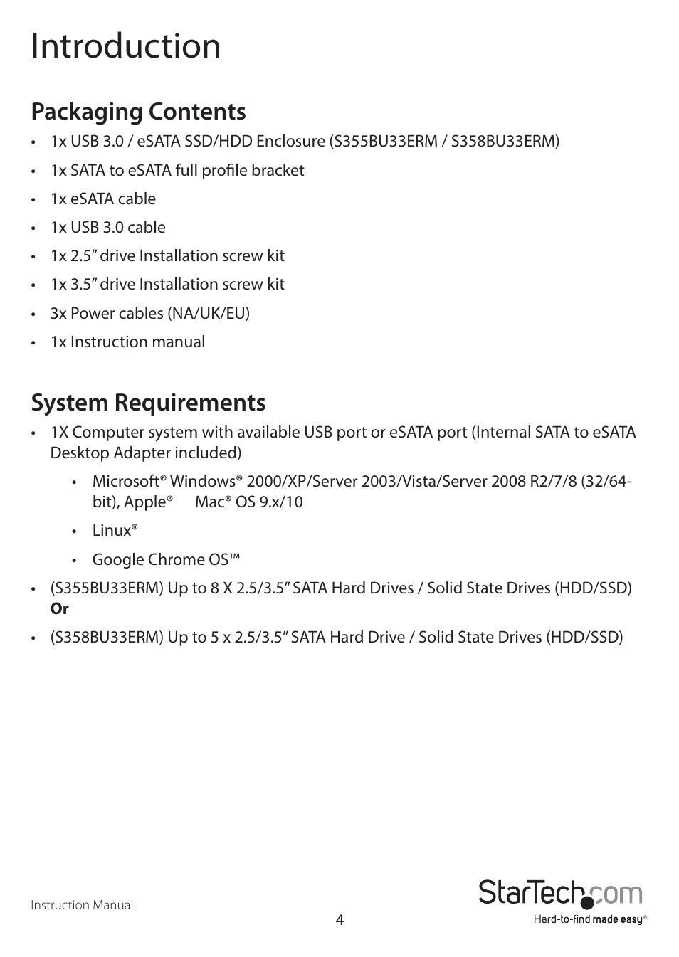 Introduction, Packaging contents, System requirements | StarTech.com S358BU33ERM User Manual | Page 7 / 16