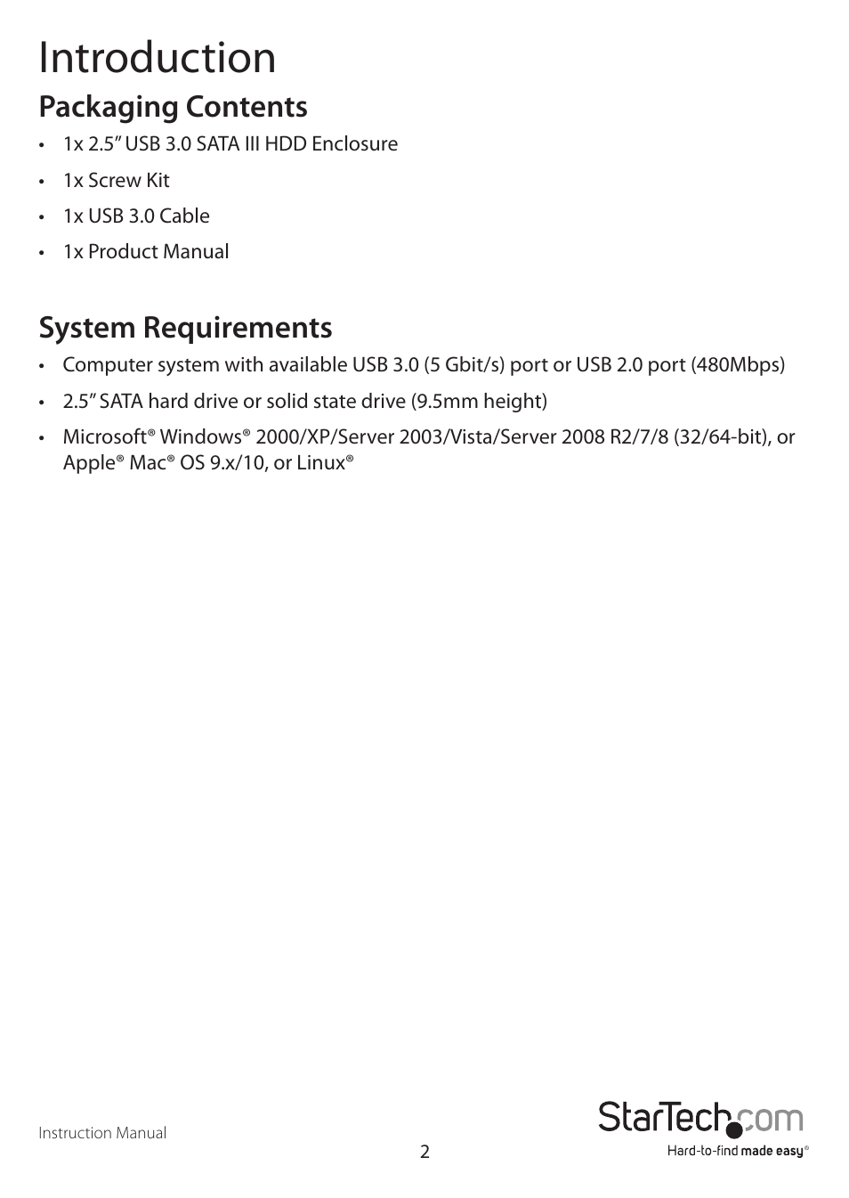 Introduction, Packaging contents, System requirements | StarTech.com S2510BMU33 User Manual | Page 5 / 13