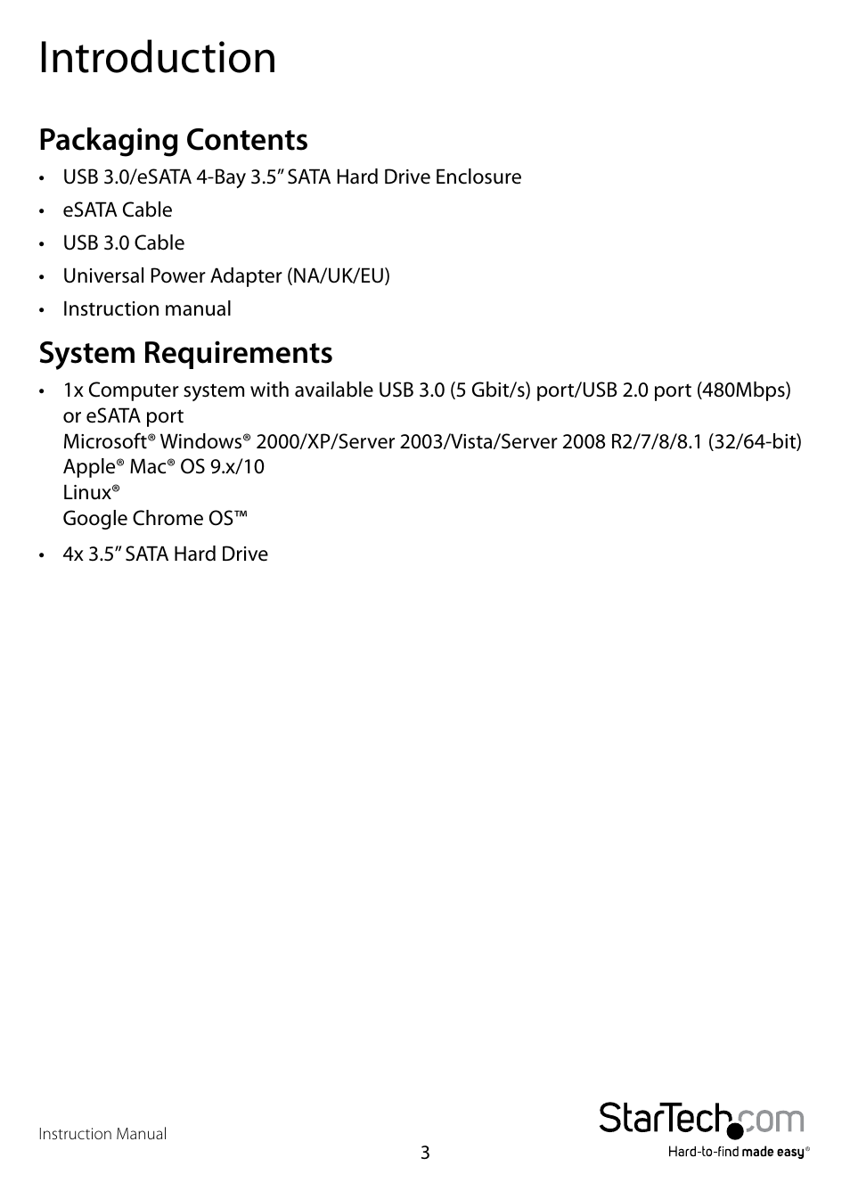 Introduction, Packaging contents, System requirements | StarTech.com S3540BU33E User Manual | Page 6 / 14