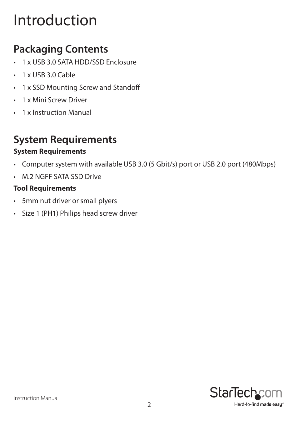 Introduction, Packaging contents, System requirements | StarTech.com SM2NGFFMBU33 User Manual | Page 5 / 14