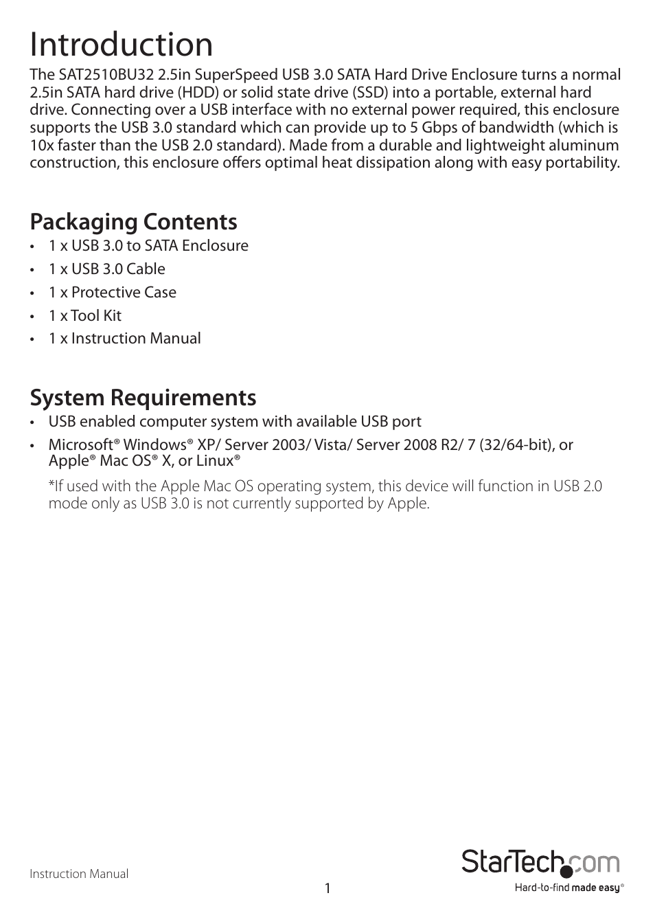 Introduction, Packaging contents, System requirements | StarTech.com SAT2510BU32 User Manual | Page 4 / 10