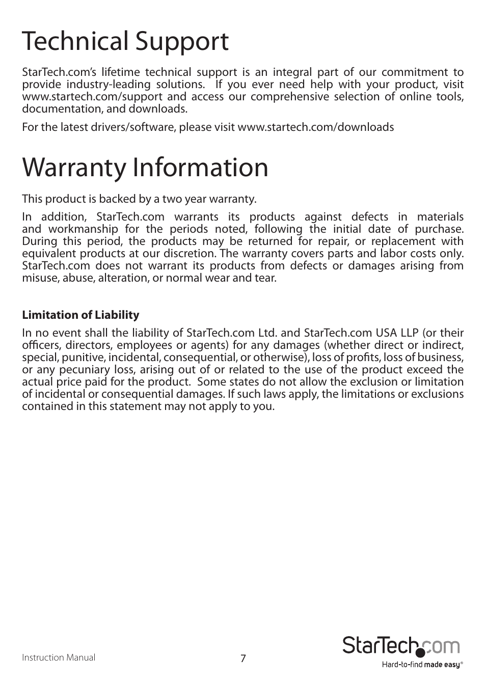 Technical support, Warranty information | StarTech.com SAT2510B12U3 User Manual | Page 10 / 11