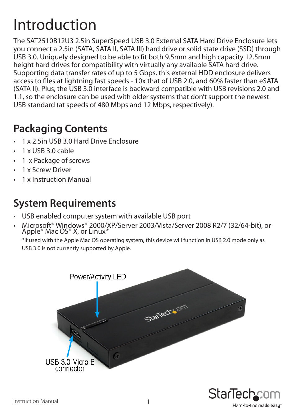 Introduction, Packaging contents, System requirements | StarTech.com SAT2510B12U3 User Manual | Page 4 / 11