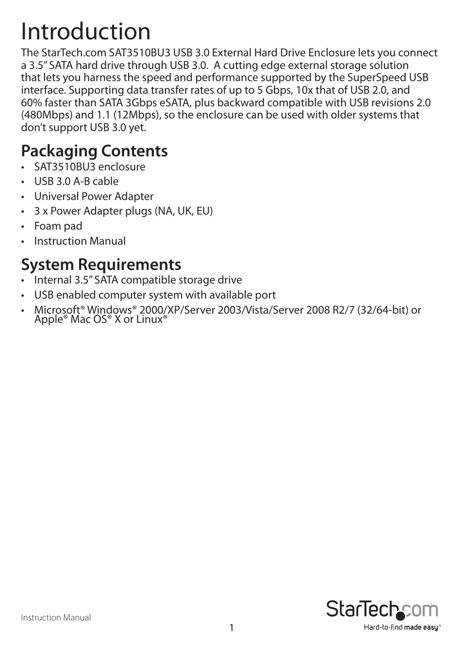 Introduction, Packaging contents, System requirements | StarTech.com SAT3510BU3 User Manual | Page 4 / 11