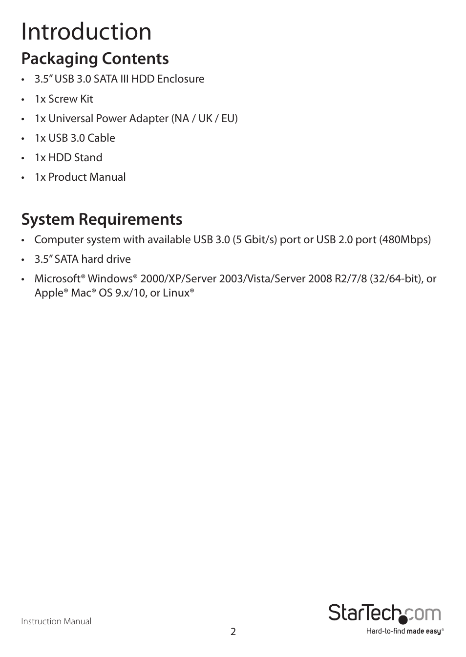 Introduction, Packaging contents, System requirements | StarTech.com S3510SMU33 User Manual | Page 5 / 12