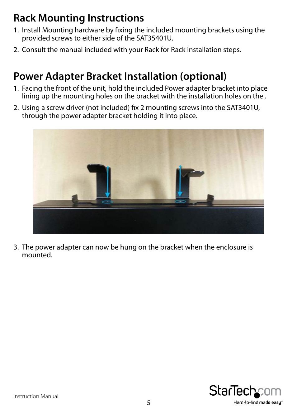 Rack mounting instructions, Power adapter bracket installation (optional) | StarTech.com SAT35401U User Manual | Page 8 / 10