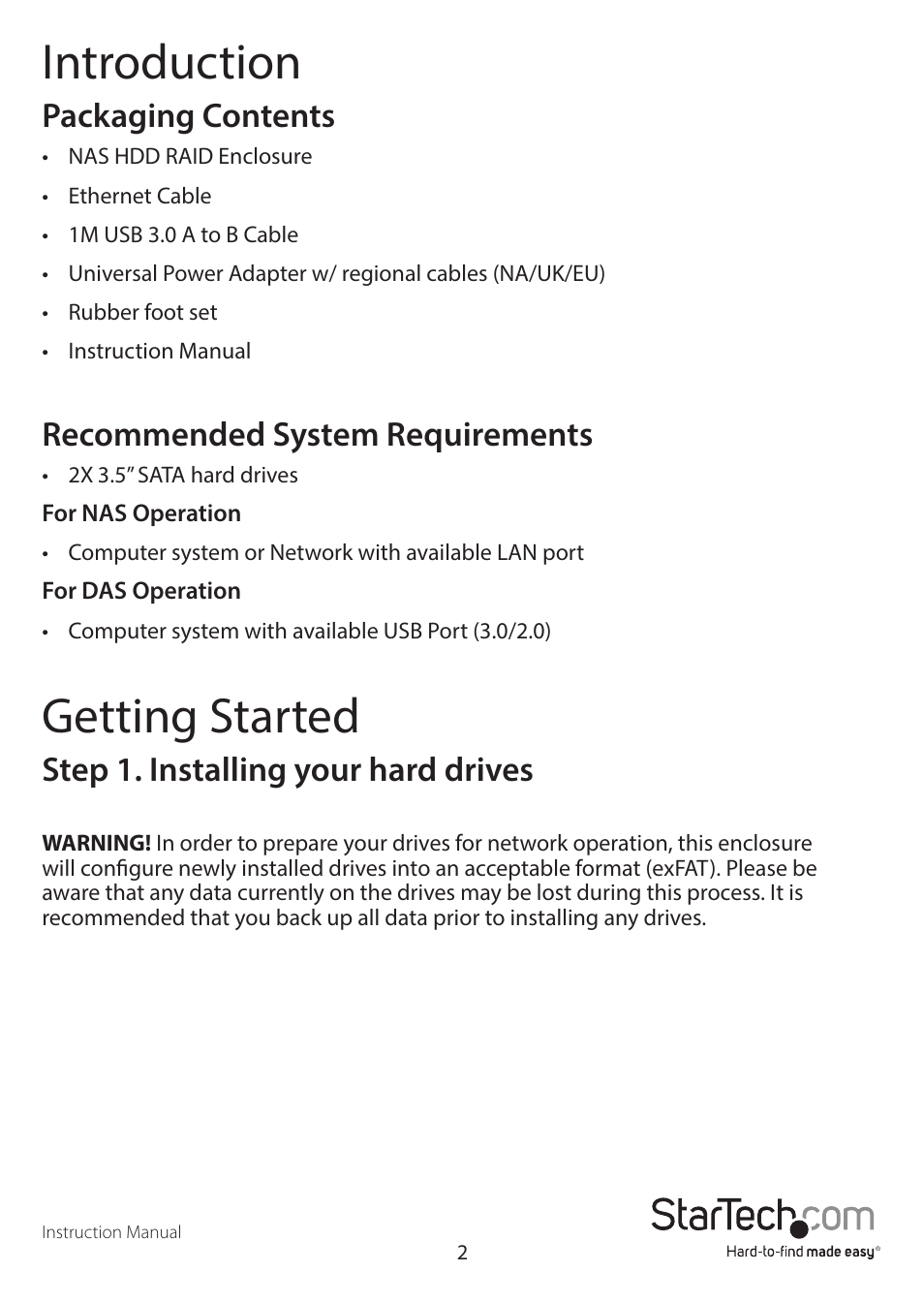 Introduction, Getting started, Packaging contents | Recommended system requirements, Step 1. installing your hard drives | StarTech.com S352BMU3N Manual User Manual | Page 6 / 77