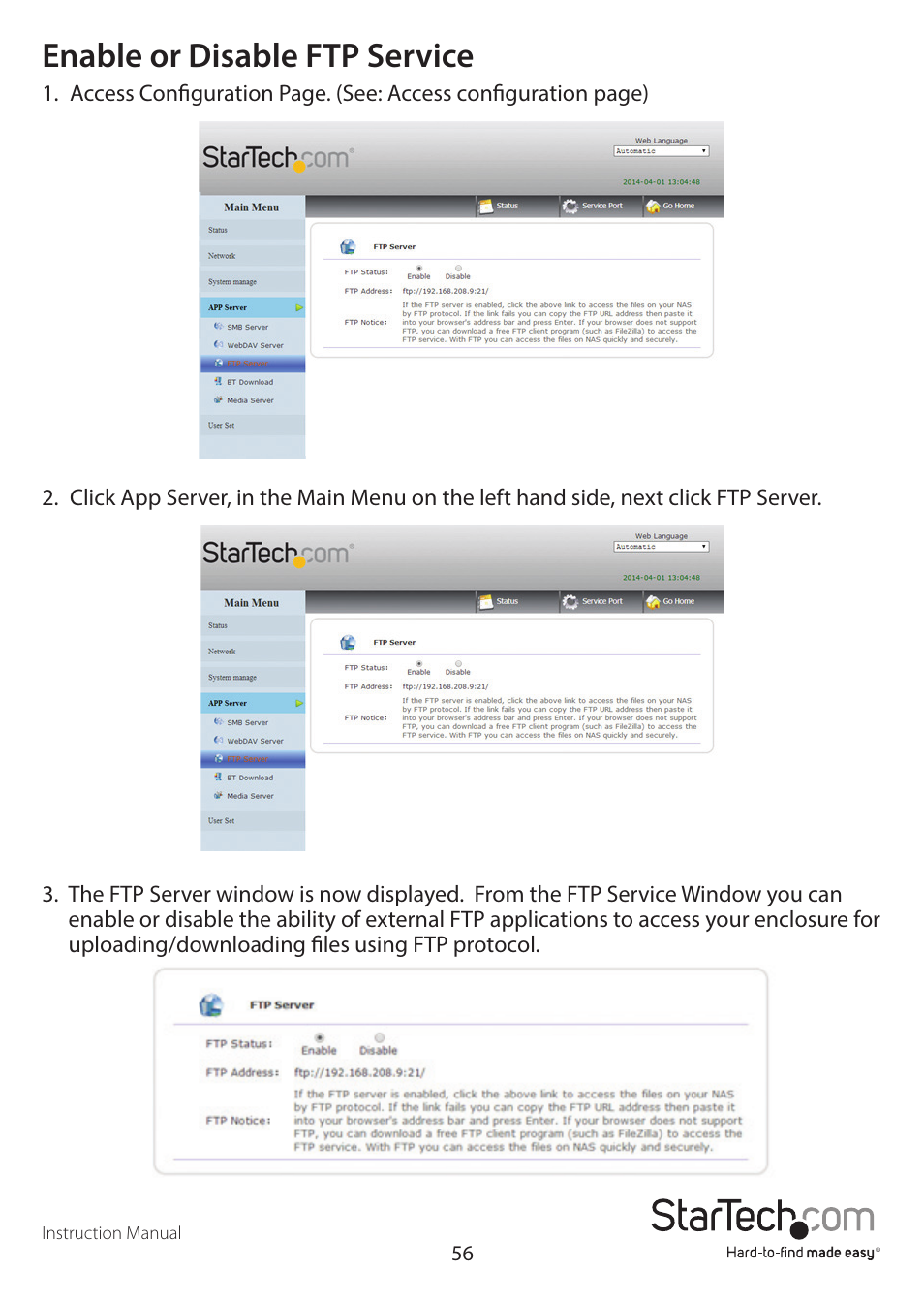 Enable or disable ftp service | StarTech.com S352BMU3N Manual User Manual | Page 60 / 77