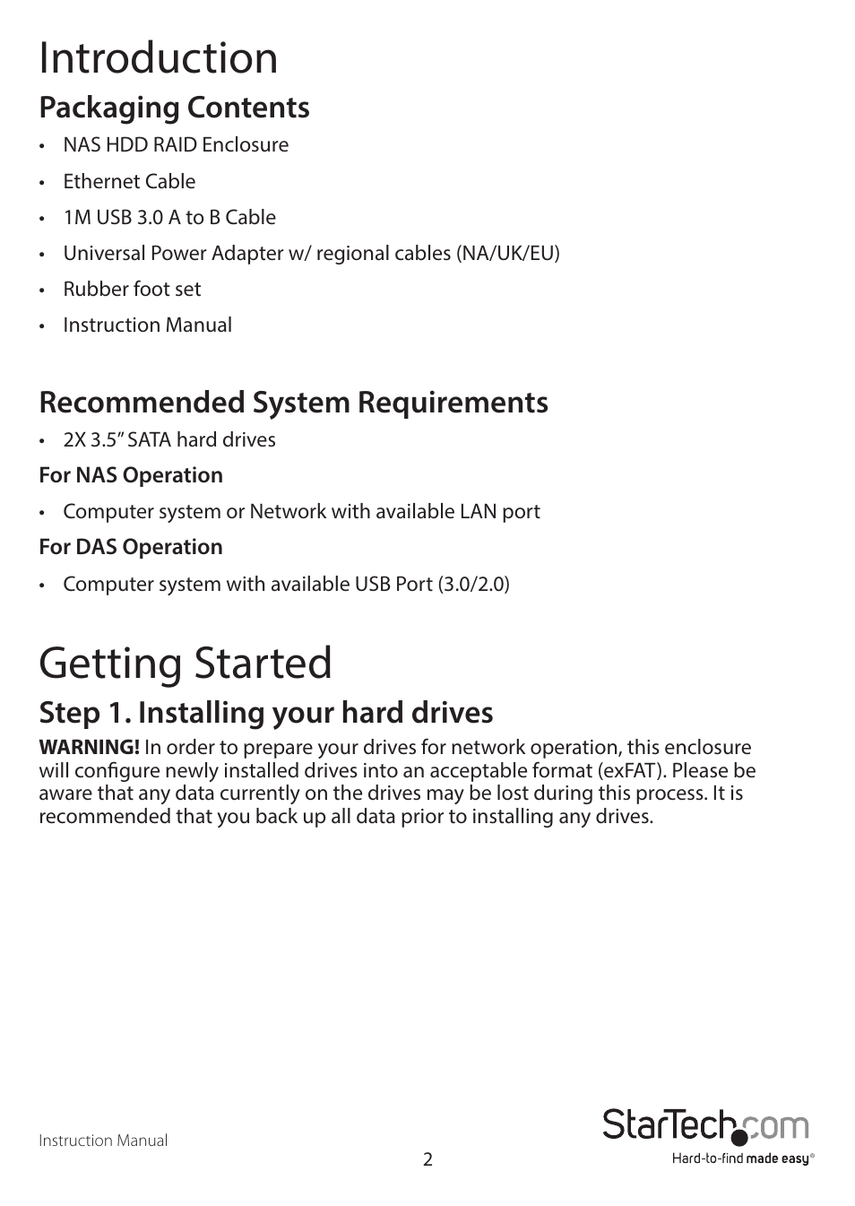 Introduction, Getting started, Packaging contents | Recommended system requirements, Step 1. installing your hard drives | StarTech.com S352BMU3N Quick Start User Manual | Page 5 / 28