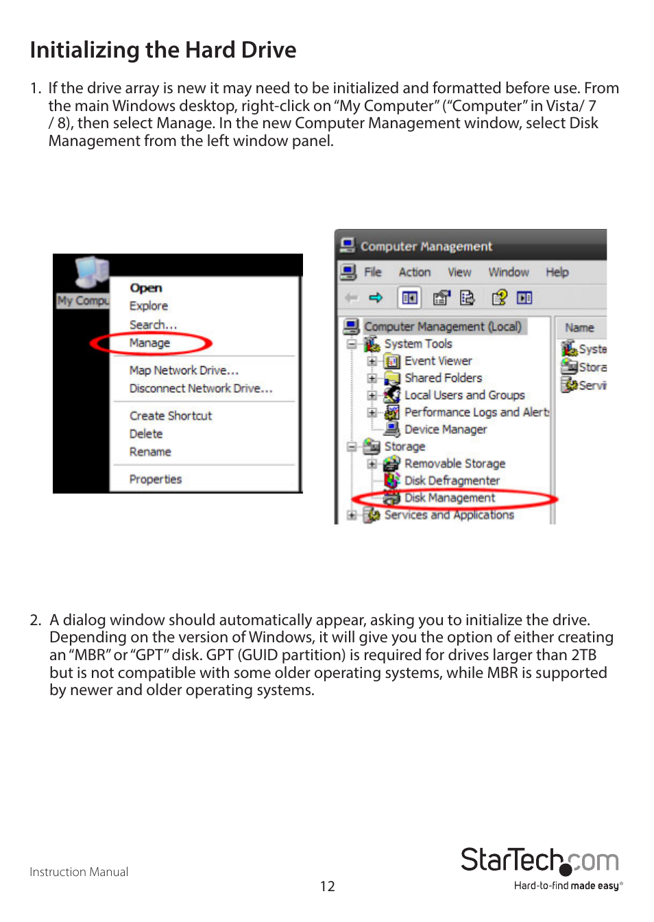 Initializing the hard drive | StarTech.com S352BU33HR Manual User Manual | Page 15 / 18