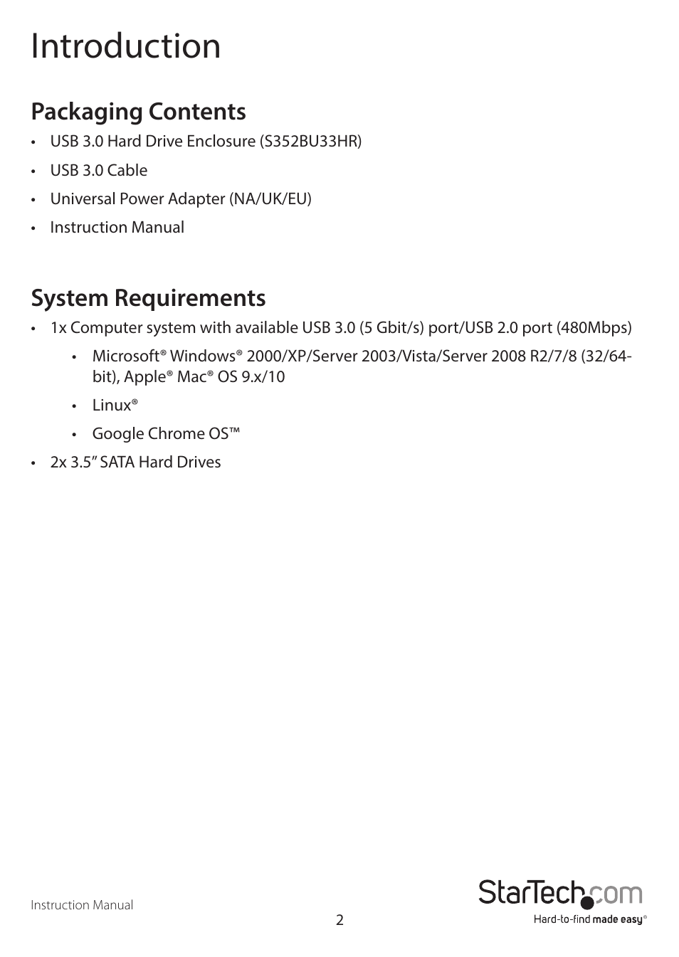 Introduction, Packaging contents, System requirements | StarTech.com S352BU33HR Manual User Manual | Page 5 / 18