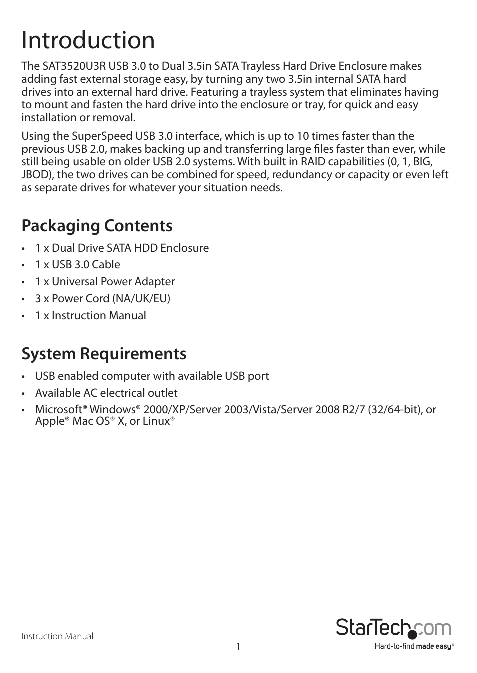 Introduction, Packaging contents, System requirements | StarTech.com SAT3520U3R User Manual | Page 4 / 12