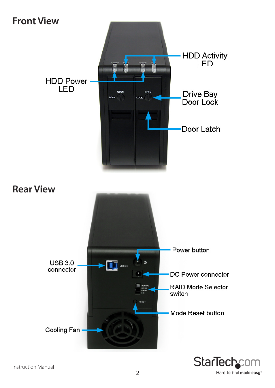 Front view rear view | StarTech.com SAT3520U3R User Manual | Page 5 / 12